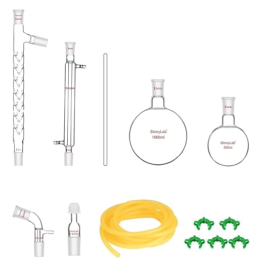 stonylab Distillation Apparatus, 13 Pcs Borosilicate Glass Kit, 500.0/1000.0 mL, Round Bottom, Premium Lab Glassware for Extraction & Separation