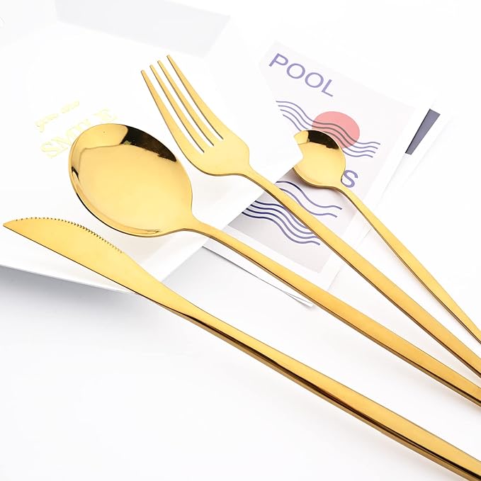 8 Piece Snplowum Flatware Set, 18/0 Stainless Steel Silverware For 2, Kitchen Wedding Gift Utensils For Couple Friend Home Daily Use, Travel Tableware Set, Mirror Gold
