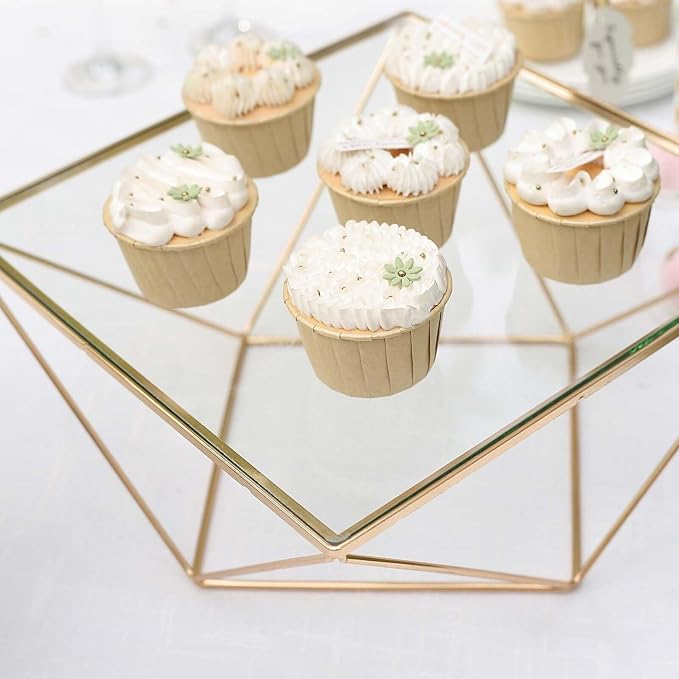 Efavormart 12" Gold Metal Geometric Cake Stand Gold Cake Riser with Glass Top Glossy Metallic Finish for Dessert Cupcake Pastry Candy Display Plate Event, Birthday Party