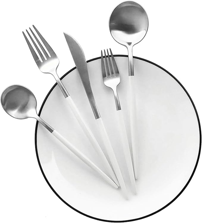 Matte Silverware Set, 20-Piece 18/10 Stainless Steel Satin Finish Flatware Set Service for 4, Kitchen Utensil Set, Tableware Cutlery Set for Home Restaurant (White Handle Silver, 20-Piece)
