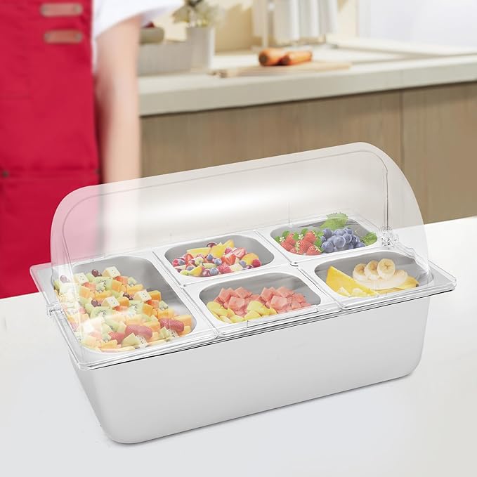 5 Pans Ice Food Serving Display Container w/Clear Roll Top Cover, Stainless Steel Serving Tray Catering Supplies Buffet Display Condiment Dispenser Plate Case for Restaurant Hotel Kitchen