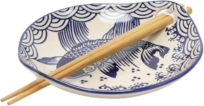 Ebros Blue And White Koi Fish Feng Shui Appetizer Snack Serving Coupe Plate Dish With Chopsticks And Built In Rest Set Small Flat Bowl For Hors D'oeuvres Sushi Ice Cream Serveware Plates (2)