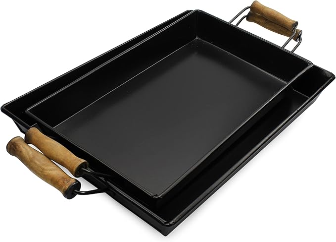 AuldHome Design Enamelware Rustic Trays (Set of 2, Small & Medium, Black); Farmhouse Decor Rectangular Trays w/Handles