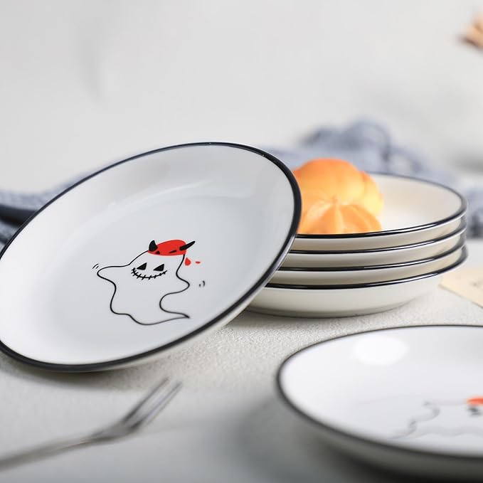 SOCOSY Cute Cartoon Ghost Seasoning Dishes Sauce Dishes Sushi Dipping Bowls Appetizer Plates Little Cat Feeding Plates, Serving Dish for Home Kitchen Restaurant Halloween-Ghost-5 Inch