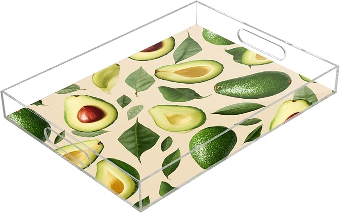 Serving Tray with Handles Clear Acrylic Tray 12x16 Inch Decorative Rectangular Tray Organizer for Ottoman Coffee Table Bathroom Nature Avocados Leaves