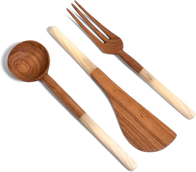 African Olive Wood 3-piece Serving Set with Bone Handles, Handmade in Kenya
