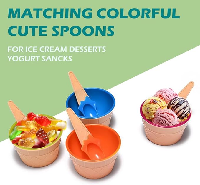Tellshun Dessert Bowls, 4 Pack Ice Cream Bowl Spoon Set, Frozen Yogurt Cups with Spoons Durable Plastic Candy Color Lovely Dessert Bowl DIY Ice Cream Tools For Festive Party Favor Kids Gift