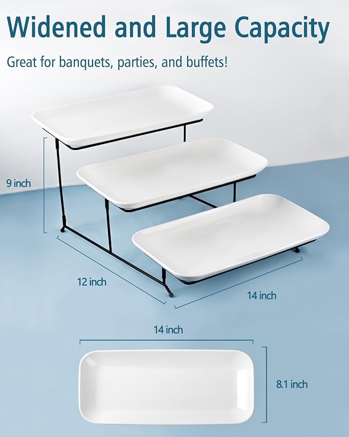 Delling Large 3 Tier Serving Tray Set, 14 Inch Tiered Serving Stand, Sturdier Rack with 3 Porcelain Serving Platters, Suitable for Dessert Table Display Set, Serving Dishes for Entertaining