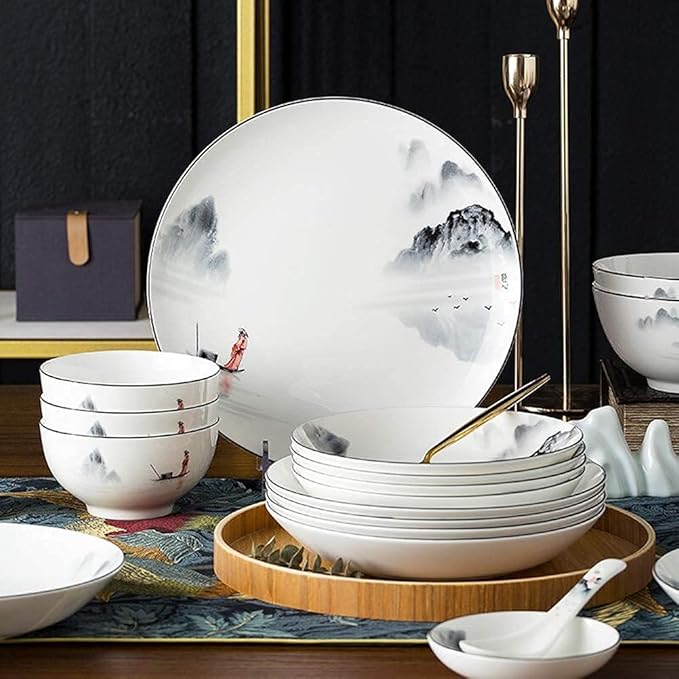 Chinese Dinnerware Set for 4/6/12, Black and White Plates and Bowls, Porcelain, 18 Pieces
