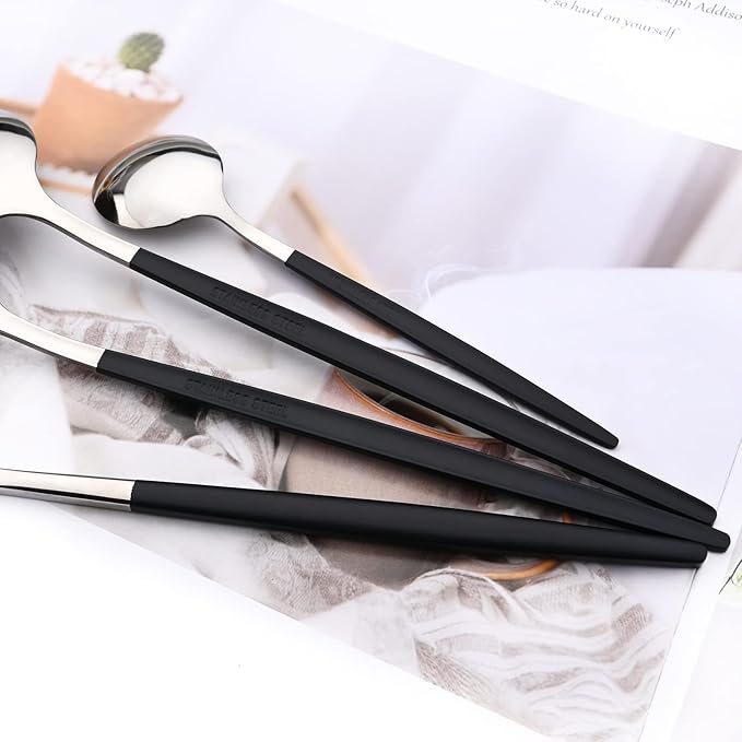 32 pcs Splicing Color handle Cutlery Set, Mirror Silver 18/0 Stainless Steel Flatware Set For 8, Metal Tableware Kitchen Utensils Include Dinner Knife/Fork/Spoon/Teaspoon, Black Silver