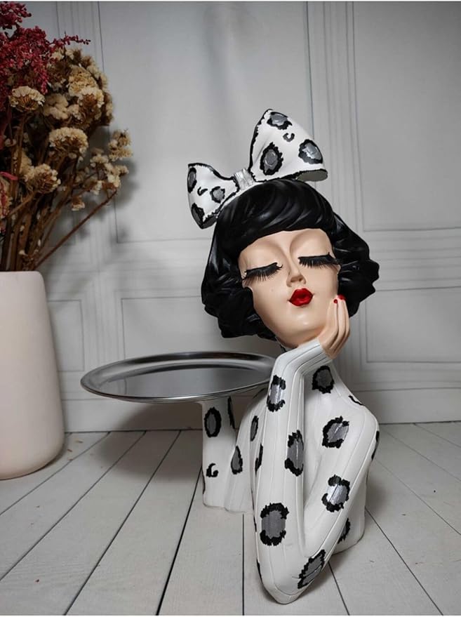 Serving Tray Girl Figurine White & Silver Leopard Design Decorative Platter Polyester Accent piece, 13.4 x 10.6 Inch - Multicolor, One Size