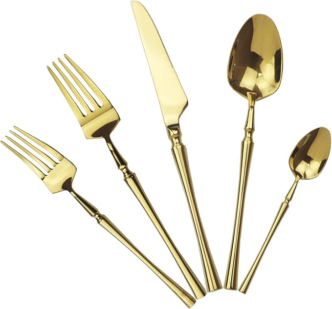 Gugrida Gold Silverware Set, 5-Piece 18/10 Stainless Steel Flatware Cutlery Set for 1,Mirror Finish Knives Forks Spoons, Ideal for Wedding Festival Party Home Kitchen, Dishwasher Safe