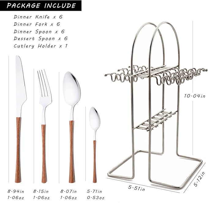 25 PCS Silverware Set with Storage Holder - Family Flatware Set Service for 6 - Silver Stainless Steel Cutlery Set with Wood Grain Handle - Tableware Utensils Set with Hanging Rack - Mirror Polished