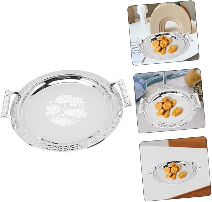 Round Floral Serving Tray for Fruits and Snacks Stainless Steel Decorative Plate for Parties and Buffets