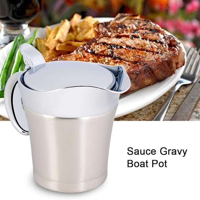 450ml/15oz Gravy Boat, Stainless Steel Double Wall Insulated Thermal Sauce Gravy Jug with Cover, Gravy Boat for Gravy Salad Custard Cream Sauce and so on