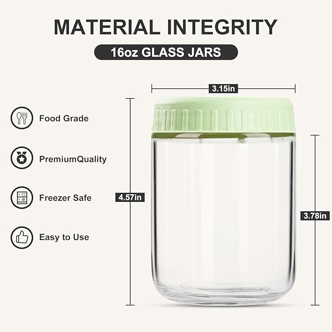 Overnight Oats Containers with Lids, 16oz Glass Jars with Lids 2 pcs, Light Green, Wide Mouth Mason jars for Salad, Yogurt, Snacks, Meal Prep
