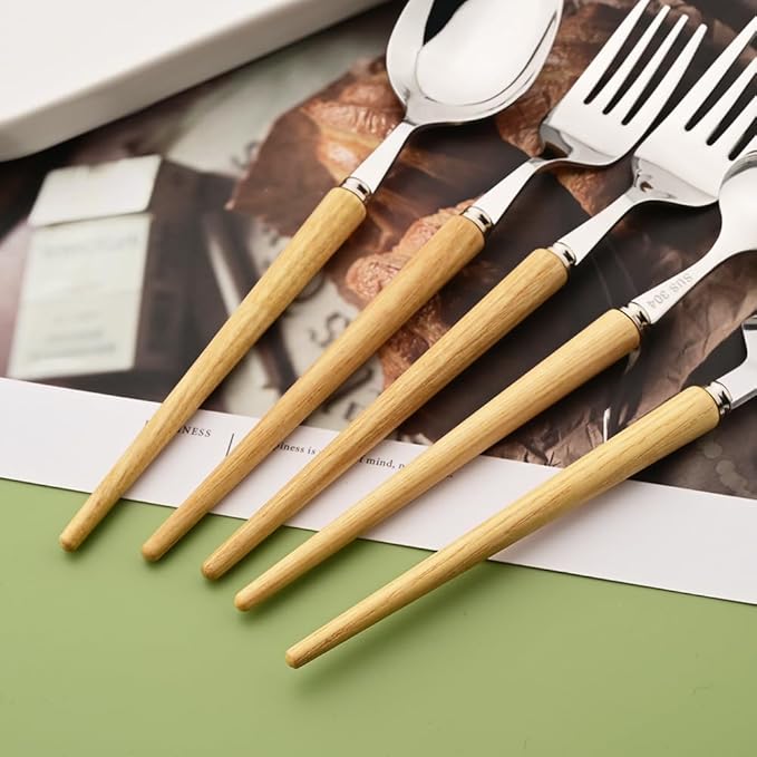 30-Piece Wood Handle Silverware Set 304 Stainless Steel Flatware Set Service For 10, Forks Spoons and Knives Set for Home, Restaurant, Wedding, Party (White Ash Wood)