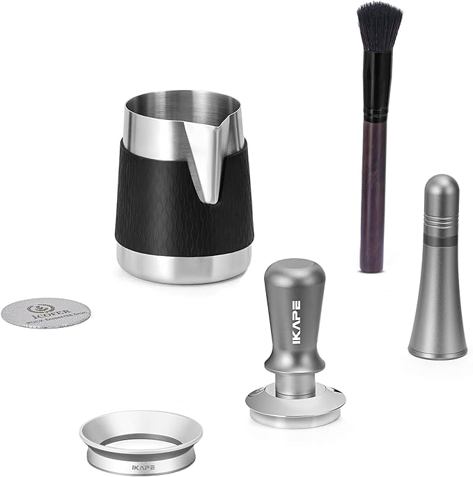 IKAPE 58MM Espresso Tamper Kit 6 in 1, Coffee Tamper, WDT Tool, Magnetic Dosing Funnel, Puck Screen, Milk Pitcher, Cleaning Brush