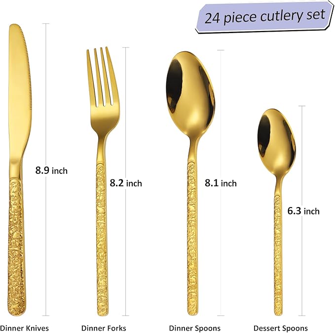 24 Pcs Gold Hammered Silverware Set Service for 6,Stone Pattern Vintage Stainless Steel Flatware Set,Cutlery Utensil,Durable Kitchen Eating Tableware Set,Ripple Fork Knife Spoon Set,Dishwasher Safe