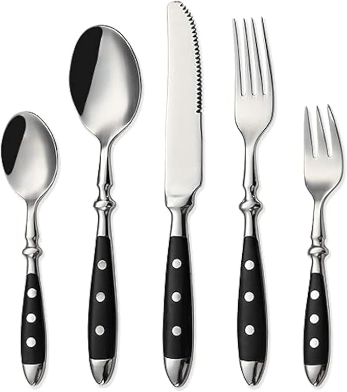 20-Piece Vintage Silverware Set with Black Bakelite Handles - Elegant Flatware for Home Kitchen & Special Occasions, Dishwasher Safe (Includes Forks, Spoons & Knives)