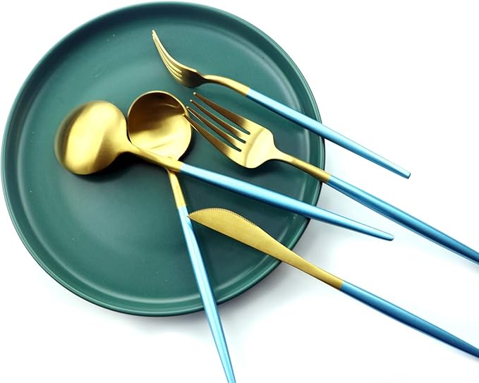 Gugrida 5 Pieces Matte Gold Blue Handle 1810 Stainless Steel Silverware Set