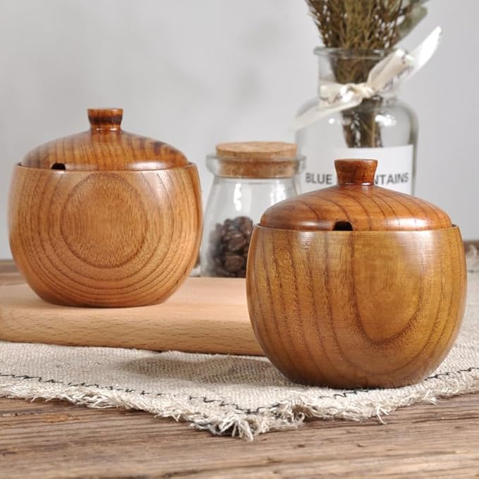 Zerodeko Solid Wood Seasoning Jar with Spoon Wooden Spice Jar with Lid Kitchen Condiment Holder for Table Ceramic Food Container for Salt Truffle and Spices