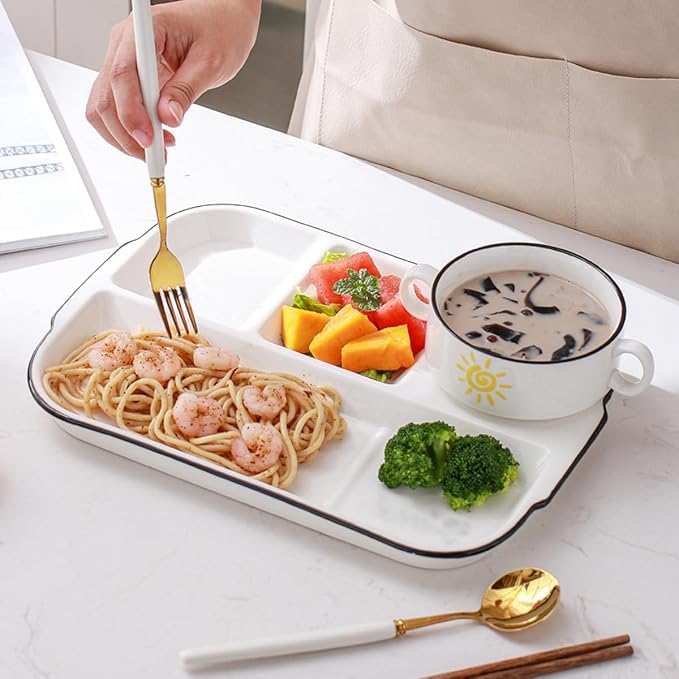 Large White Dinner Plates Ceramic Divided Plate 12 Inch 4 Compartment Porcelain Portion Control Plate for Adults Bariatric Diet - Microwave, Oven, and Dishwasher Safe