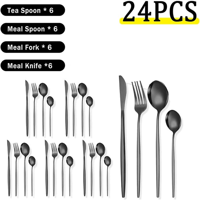 Serving Set Stainless Steel Tableware for 24 PCS, Mirror Polished, Slim Handle Serving Set for 6 for Formal Events, Parties, Food Barbeque, Dishwasher Safe(Black,D)