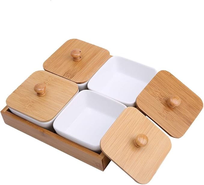 aqxreight Ceramic Appetizer Serving Plate with Tray Cover for Fruits Nuts Desserts The Made Appetizer Serving PlateSnack PlateFruits Plates TrayDesserts Tray P (Four compartments with lid)