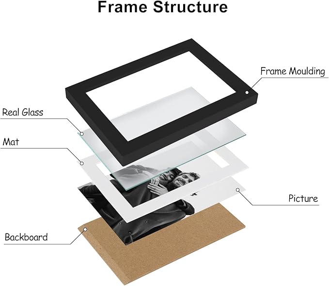 5x7 Double Horizontal Hinged Wood Picture Frame Folding Photo Frame with Real Glass Front in Black for Tabletop, Display 4x6 with Mat or 5x7 without Mat P-HEI-2H57