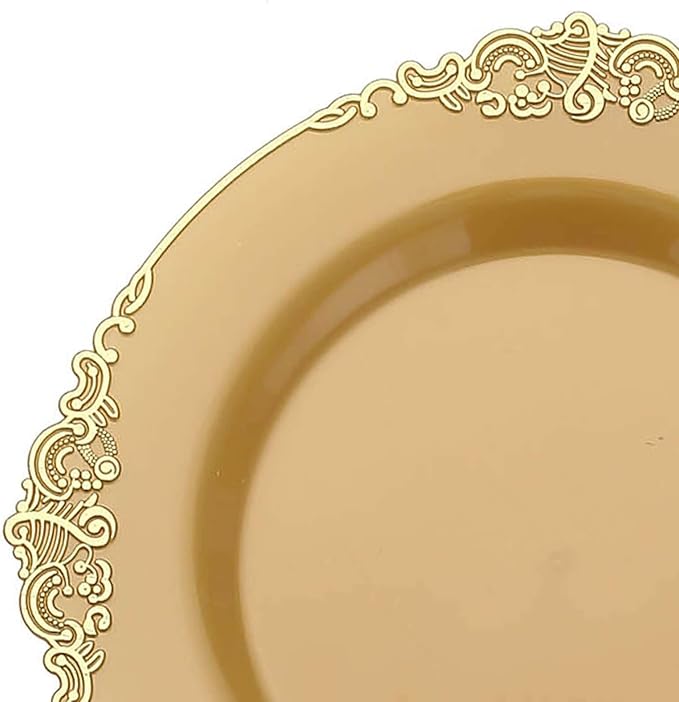 8" Salad Plates -Set of 10 - Plastic Gold Round Baroque Disposable Chargers Leaf Embossed Rim, Ideal for Dinner Party Wedding Bulk Events