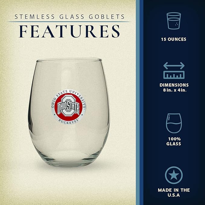 Heritage Pewter Ohio State Buckeyes Stemless Glass Goblets – Set of 2 | 15 OZ Goblet Wine Glasses | Expertly Crafted Pewter Glass