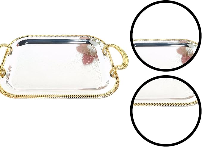 Rectangular Serving Tray in Silver with Gold Trim, Large Metal Serving Tray with Handles for Parties, European Style Tray for Food and Drink Service
