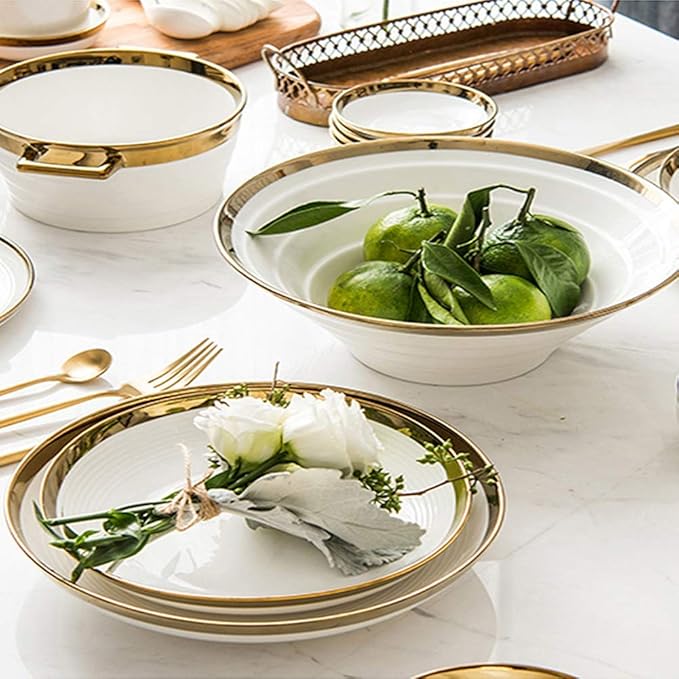 Fine Dinnerware Set,Gold Halo White Porcelain Dinnerware Set, Complete Ceramic Plates and Bowls Sets, Modern Creativity Vintage Round High Class Dishes Set, Luxurious Mel