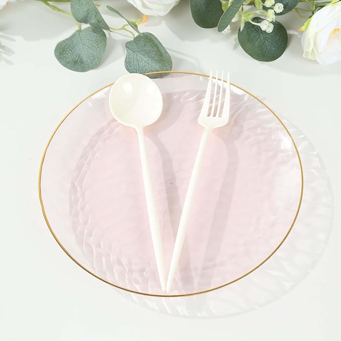 Efavormart 10 Pack | Transparent Blush Hammered 9" Round Plastic Dessert Appetizer Plates With Gold Rim, Disposable Salad Party Plate