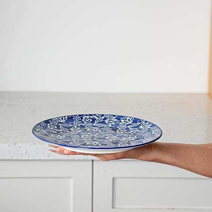 Ceramic Salad Plates Set - 8.5 Inch Kitchen Small Round Dinner - Scratch Resistant Porcelain Microwave Oven Dishwasher Safe - Dishes for Sandwich Dessert Appetizer - Set of 6 - Vintage Blue