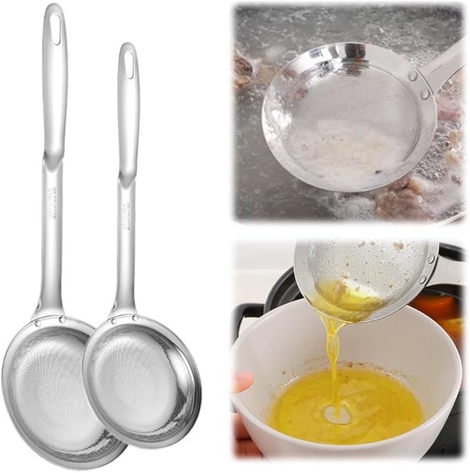 Fine Mesh Stainless Steel Colander Spoon,2025 New Extra Fine Mesh Strainer with Handle,304 Stainless Steel Skimmer Spoon Kitchen Gadget for Filte Grease Foam (1, C Style, Large+Small)