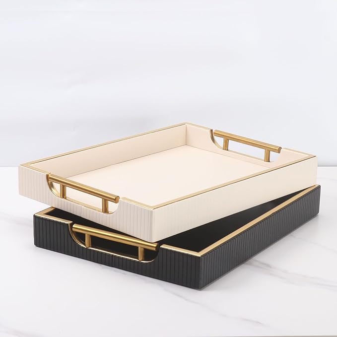Wooden Structure Leather Decorative Tray With Brushed Champagne Gold Handle - Square Coffee Table Farmhouse Counter PU Serving Storage Tray (White)