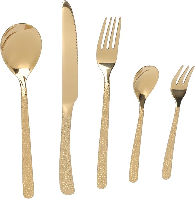 Pssopp Hammered Silverware Set, Serving Sets Flatware Set Service for 4 Person Home Party Wedding Eating Hammered Silverware, Stainless Steel Tableware Mirror Polished Cutlery (Gold)