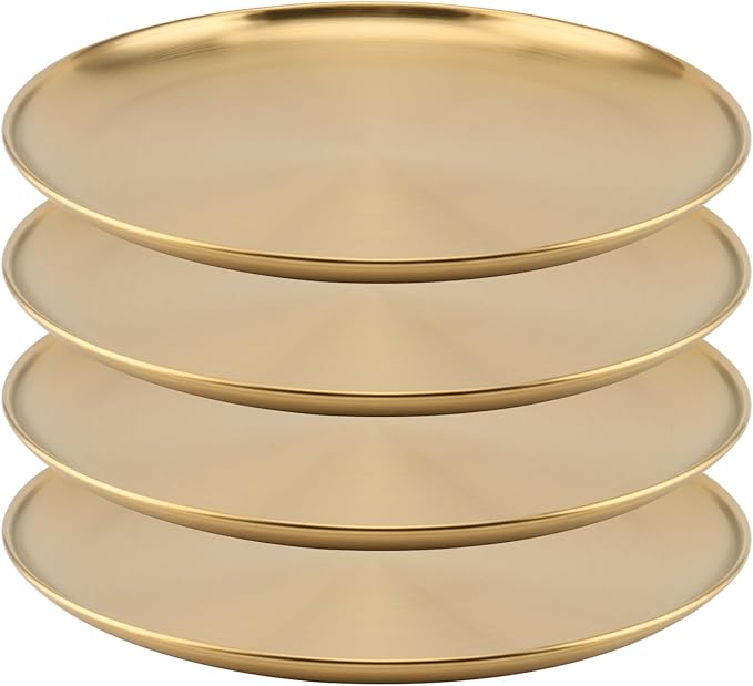 MOUYAT 4 PCS 12 Inch Large Stainless Steel Plate, 30cm Round Dinner Metal Plates, Metal Salad Steak Plates Reusable Dinner Dish for Eating Serving Camping Outdoor BBQ Home Kitchen, Frosted Gold