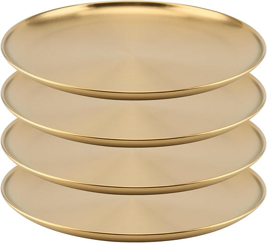 MOUYAT 4 PCS 12 Inch Large Stainless Steel Plate, 30cm Round Dinner Metal Plates, Metal Salad Steak Plates Reusable Dinner Dish for Eating Serving Camping Outdoor BBQ Home Kitchen, Frosted Gold