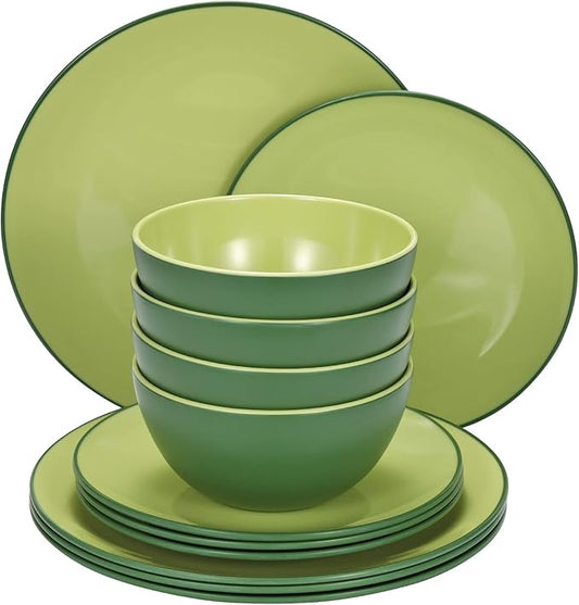 TP 12-Piece Dinnerware Set, Melamine Dishes Set with Bowls and Plates, Non-breakable and Lightweight Dinner Service for 4, Avocado Green