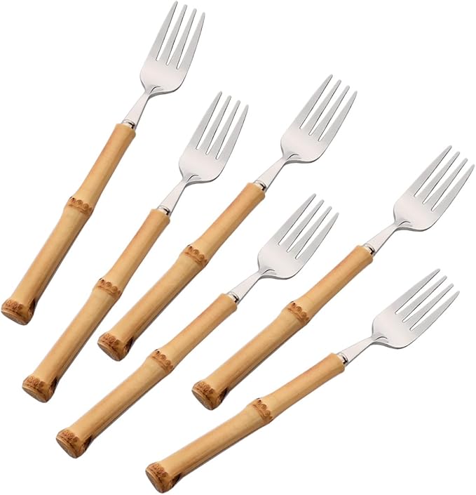 6-Piece Bamboo Silverware Set, Stainless Steel Flatware Hostess Serving Set Bamboo Utensils Tableware Set for Home Camping Travel Hotel - 6pcs Dinner Fork