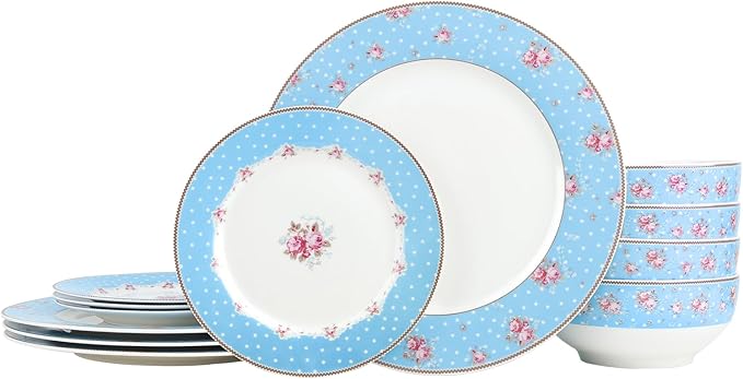 fanquare 12 Piece Blue Floral Dinnerware Set, Vintage Polka Dot Plates Bowls Set, Ceramic Tableware for Home Party, Microwave & Dishwasher Safe