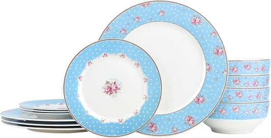 fanquare 12 Piece Blue Floral Dinnerware Set, Vintage Polka Dot Plates Bowls Set, Ceramic Tableware for Home Party, Microwave & Dishwasher Safe