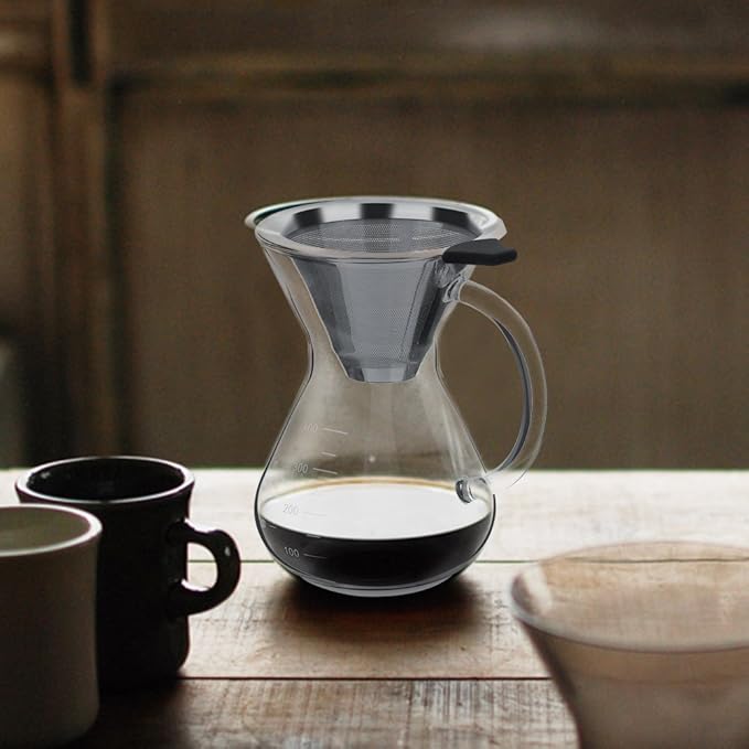 Pour Over Coffee Maker, 13oz Borosilicate Glass Brewer with Permanent Stainless Steel Filter - Complete Dripper Set for 1-2 Cups, Ideal for Home, Camping & Cafe Use