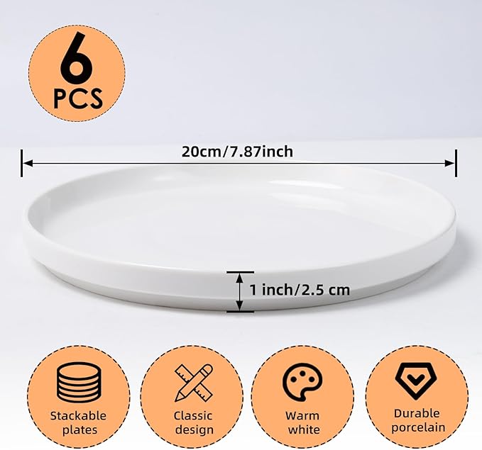 8 Inch White Dinner Plates Set of 6, Ceramic Appetizer Plates, Porcelain Dessert Plate, White Round Salad Plate for Kitchen, Restaurant, Microwave, Oven & Dishwasher Safe, Scratch Resistant