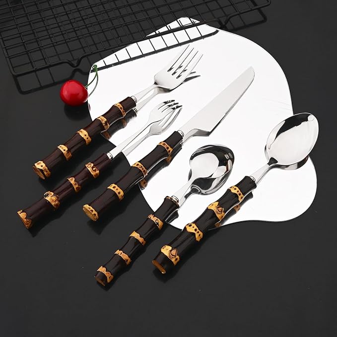 JASHII 20-piece Stainless Steel Flatware Cutlery Set Silverware Knife Fork Spoon Set Black Bamboo Handle Dishwasher Safe for Dinner Buffet