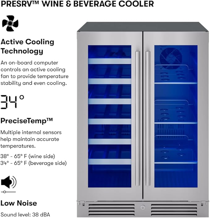 Zephyr Presrv 24 Inch Wine Fridge & Beverage Refrigerator Dual Zone Under Counter - Wine Cooler Cellars Small Beer Fridge Cabinet Drink Chiller Freestanding with French Glass Door 21 Bottles, 64 Cans