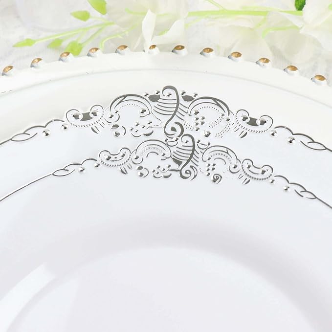 10" Dinner Plates -Set of 10 - Plastic White Silver Round Baroque Disposable Chargers Leaf Embossed Rim, Ideal for Dinner Party Wedding Bulk Events